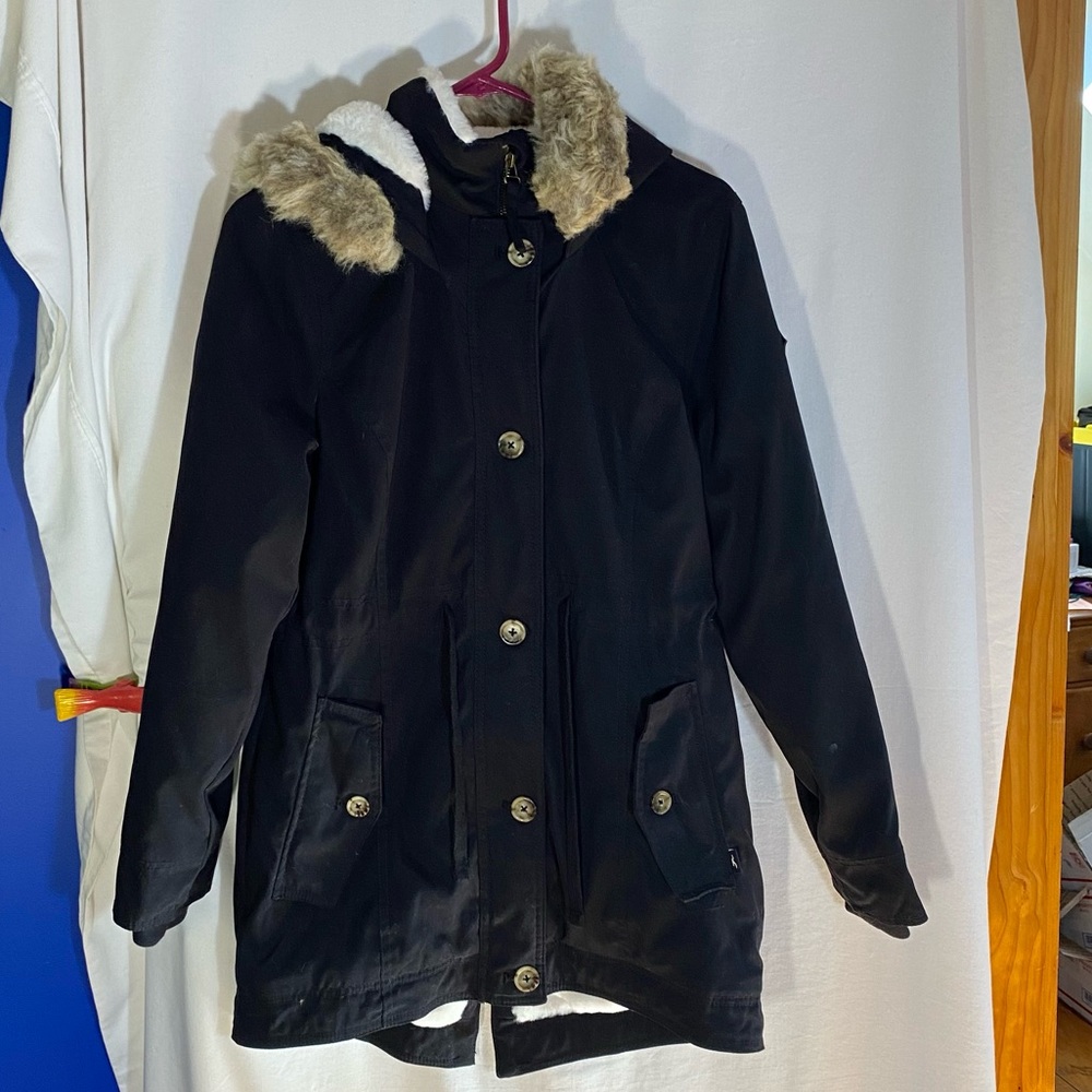 Hollister Black and White Heritage Jacket with Detachable Faux Fur, Size Medium
